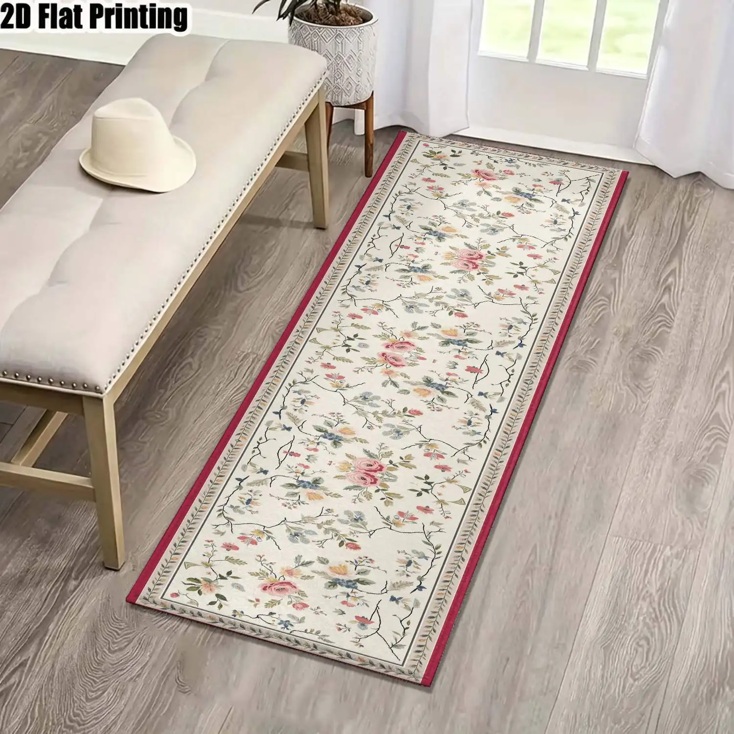 1Pc 2D Printed Long Strip Rug with Beige & Pink Floral Pattern European, Retro, Bohemian, Modern Minimalist Styles, Ideal for Home Decor, Multiple Sizes, Machine Washable, Perfect for Entryway, Hallway, Living Room, Bedroom.