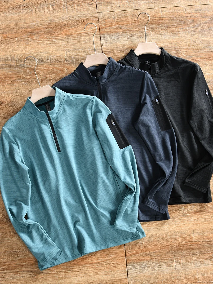

Outdoor High Elastic Men's Half Zip Quick Dry Long Sleeve T-Shirt Pure Color Stand Collar Fleece Base Shirt ODM Order