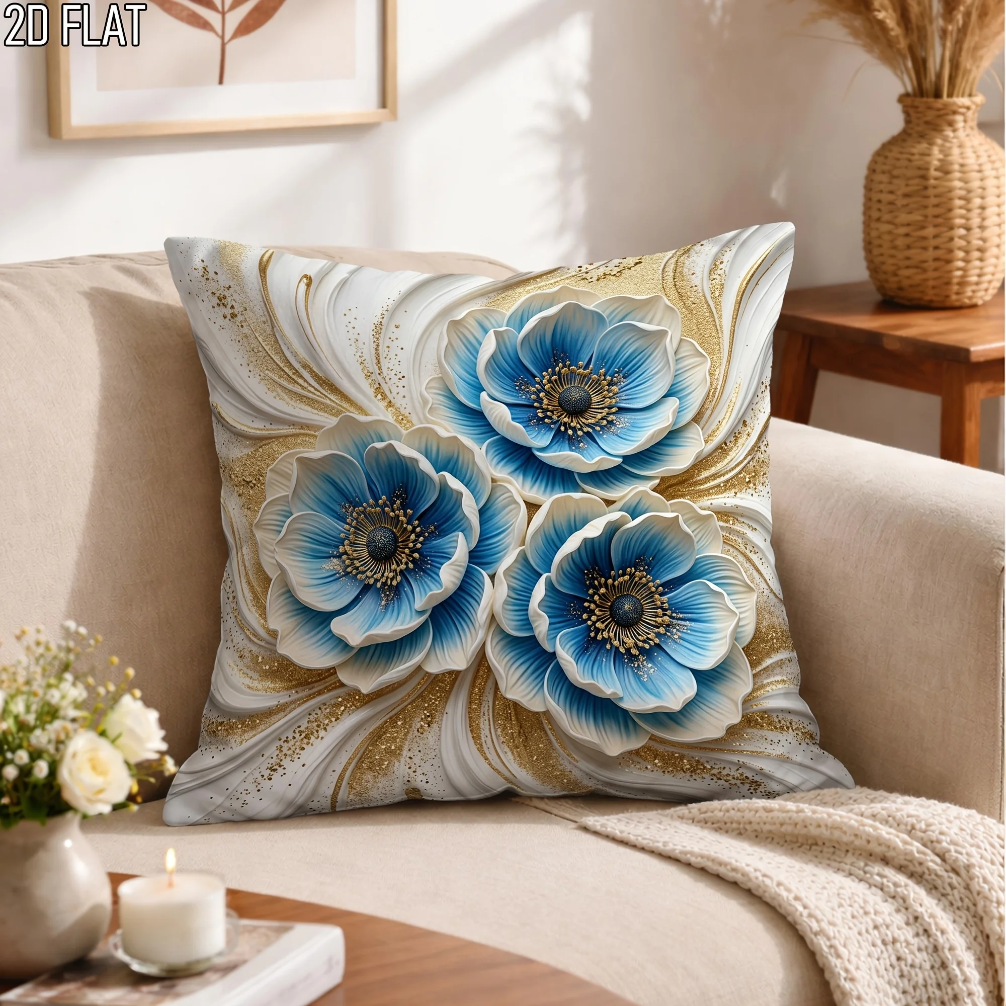 2D Blue Flower Throw Pillow Cover White Gold Marble Effect Cushion Case for Elegant Luxury Home Decor