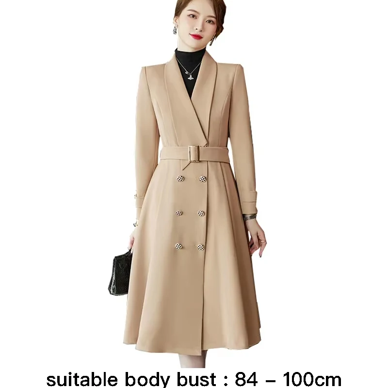 

High quality A line long trench for women double breasted with belt autumn winter 2024 elegant fashion clothes - black khaki red