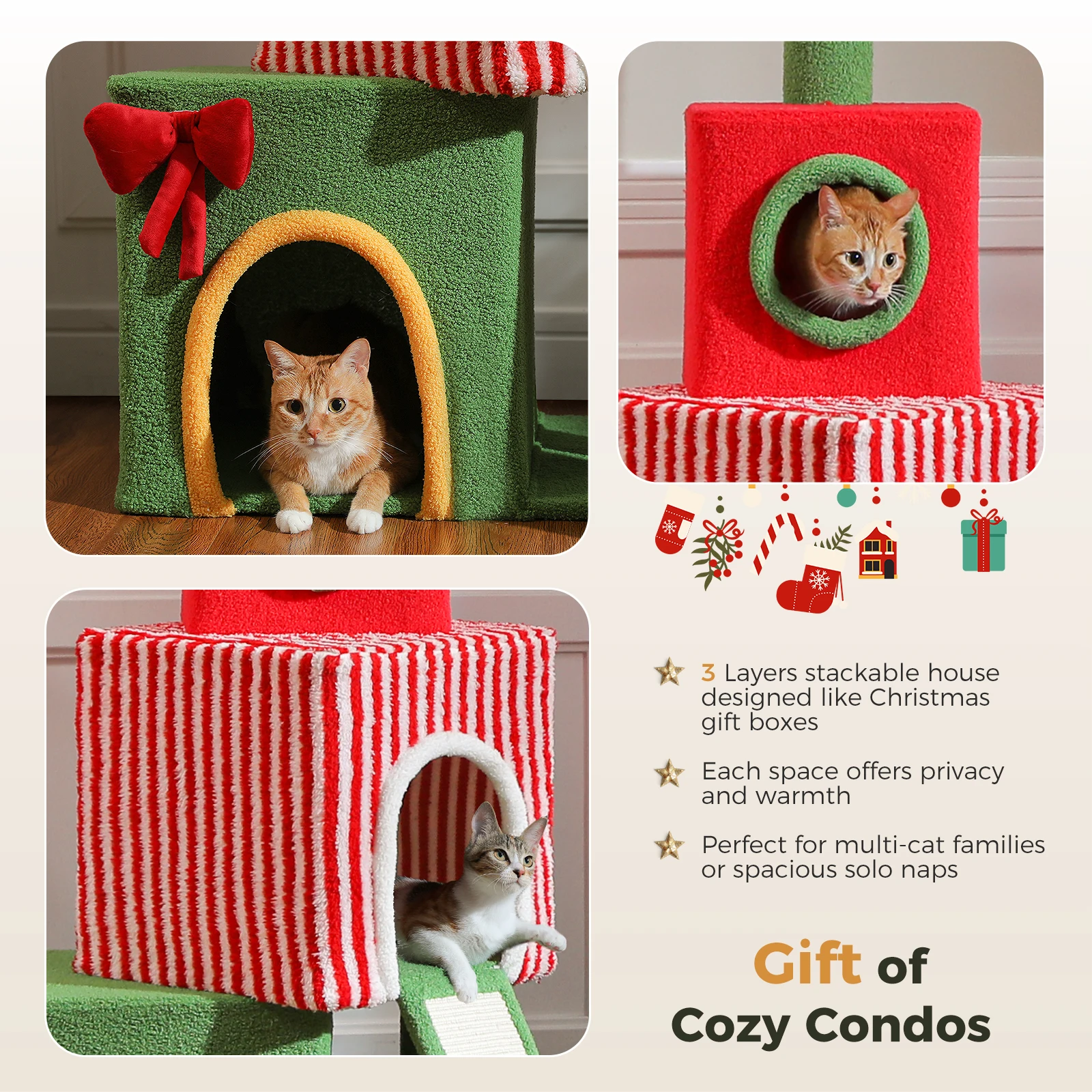 Weihnachts-Katzenbaumturm mit rot-grünem Eigentumswohnung, mehrstufiger Katzenturm mit Sisal-Kratzbäumen, Katzenmöbel für Hauskatzen – Detail 39