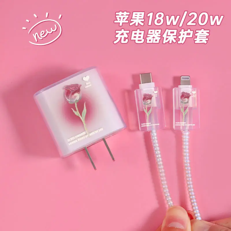 USB Cable Protection For iphone 18W 20W Fast Charger Protector Cover Fashion Gradient Flower Protective Data Line Spiral Winder