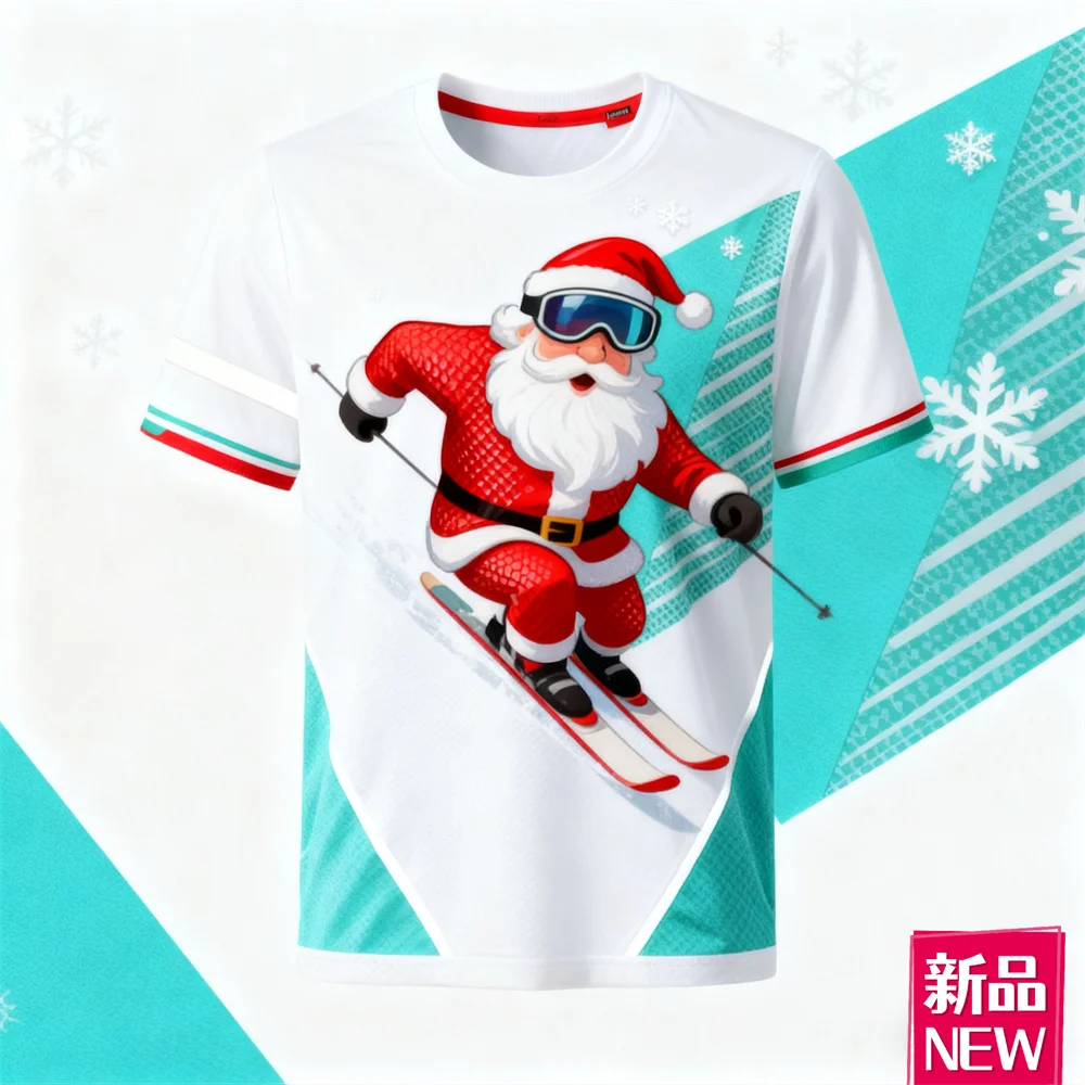 

Skiing Santa Clause Graphic Men's T-Shirt 3D Print Outdoor Sports Casual Short Sleeve Tees Christmas Elements Breathable Clothes