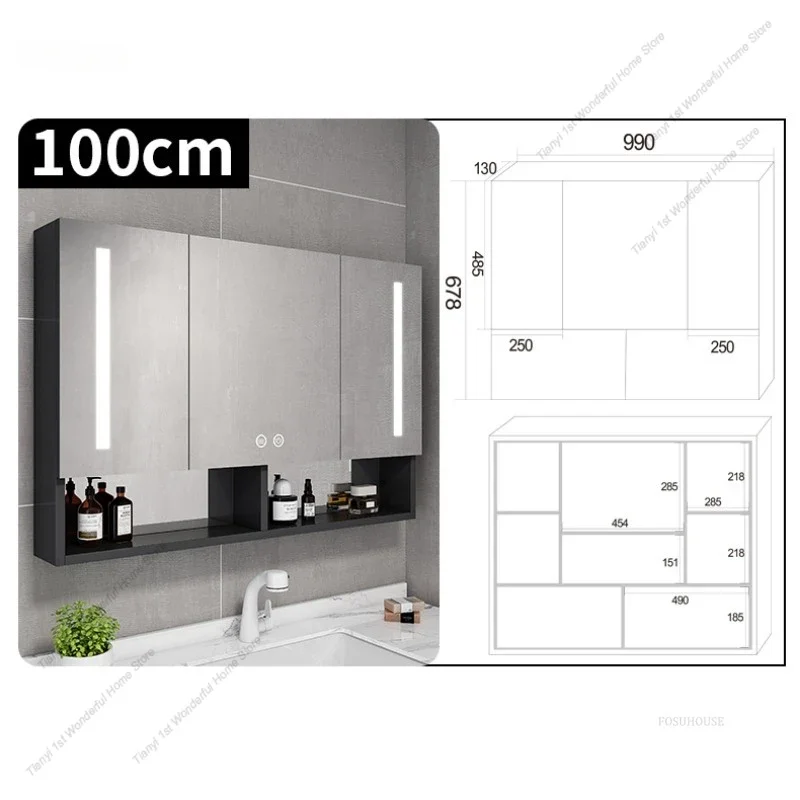 Modern Space Aluminum Smart Mirror Cabinet In Bathroom Storage Mirror Defogging Function With Light Wall Storage Cabinet