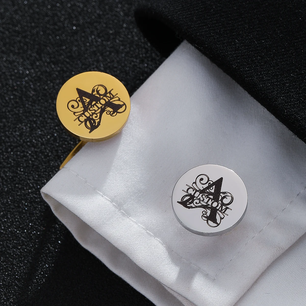 

Stainless Steel Cufflinks with Custom Date and Initials Engraving, Round Classy Groom Wedding Cuff Links - Gift