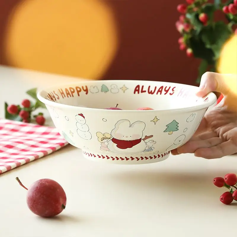 8 Inch Lovely Household Noodle Bowl Large Ceramic Soup Bowl Christmas Snowman Noodle Rice Ramen Bowl Kitchen Utensils Tableware