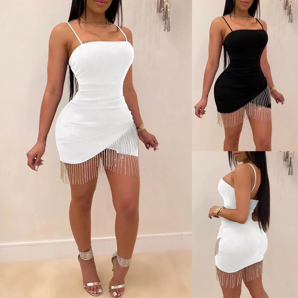 Woman Dress New Party Night Birthday Tassel Split Sleeveless Bodycon Elegant Suspender Short Mini Pencil Sexy Dresses