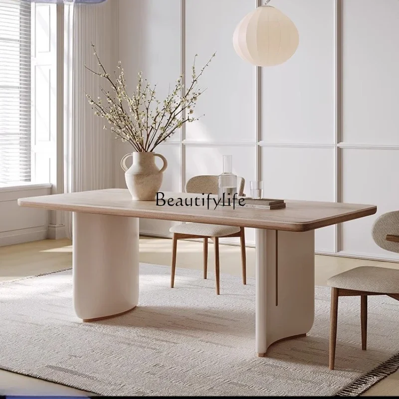 

pgFrench cream wind rock slab dining table Small apartment light luxury high-end household dining table and chairs