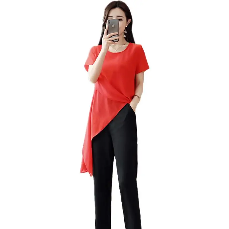 

Women Chiffon Irregular Long Shirts Office Lady 2024 Summer New Fashion Solid Short Sleeve Blouse Slim Casual Tops Work Wear