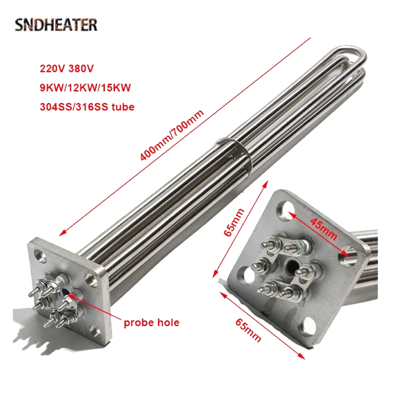 SNDHEATER 380V Electric Dishwasher Boiler Heating Element 65MM Flange SS316 Water Heater Resistance 700MM 9KW 12KW 15KW 3Phase