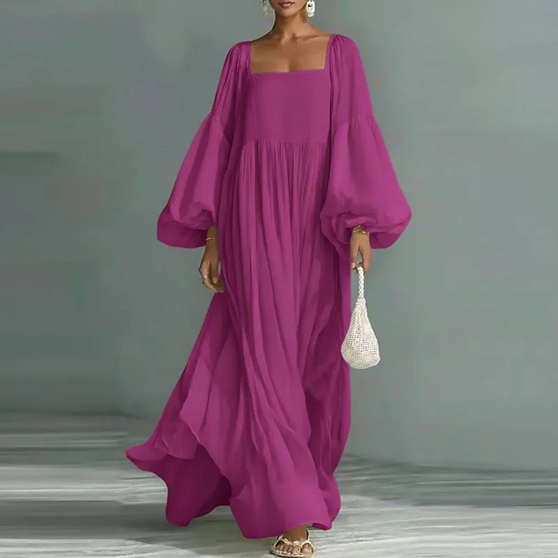 Witte Boheemse elegante zwierige maxi-jurk voor dames, sexy vierkante kraag, hoge taille, lange jurken, lente-lantaarnmouwen, losse feestjurken