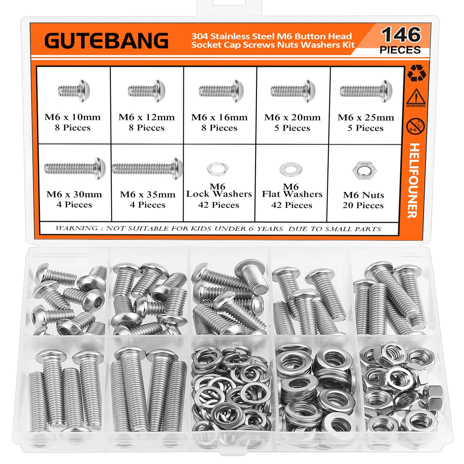 

146 Pieces M6 x 10/12/16/20/25/30/35mm, Button Head Socket Cap Screws Bolts Washers Nuts Kit, 304 Stainless Steel
