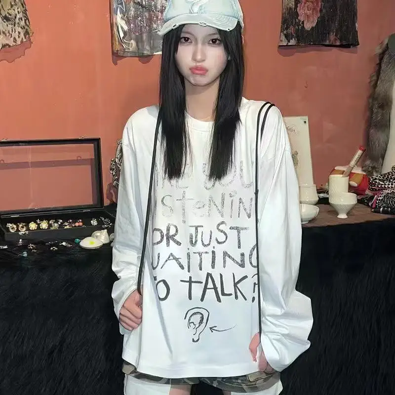 

Американская винтажная футболка с длинным рукавом, женская повседневная полосатая уличная одежда Y2k, топ в стиле панк, сексуальная тонкая футболка с буквенным принтом, осень 202, осень