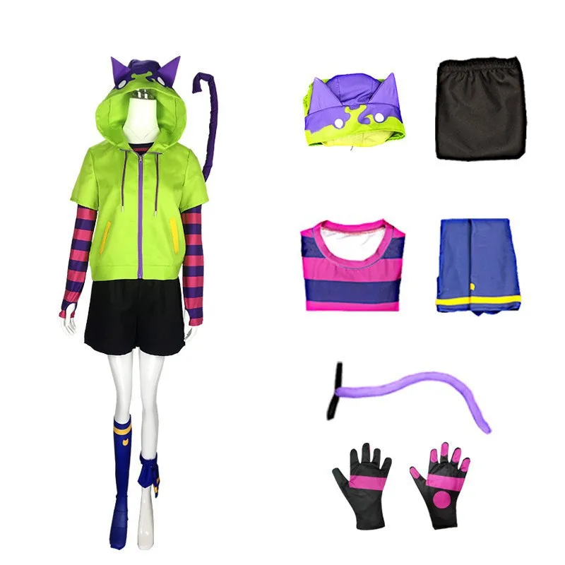 SK8 The Infinity Miya Chinen Cosplay Green Hoodie Set Anime Cat Ear Costume Purple Black Striped Inner Shorts Tail Gloves Suit - view 3