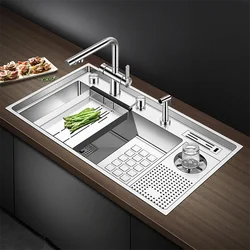 Fregadero de cocina escalonado de acero inoxidable 304, lavabos hechos a mano con soporte para cuchillos, tamaño grande, Nano metro, taza enjuagadora, 4mm de espesor