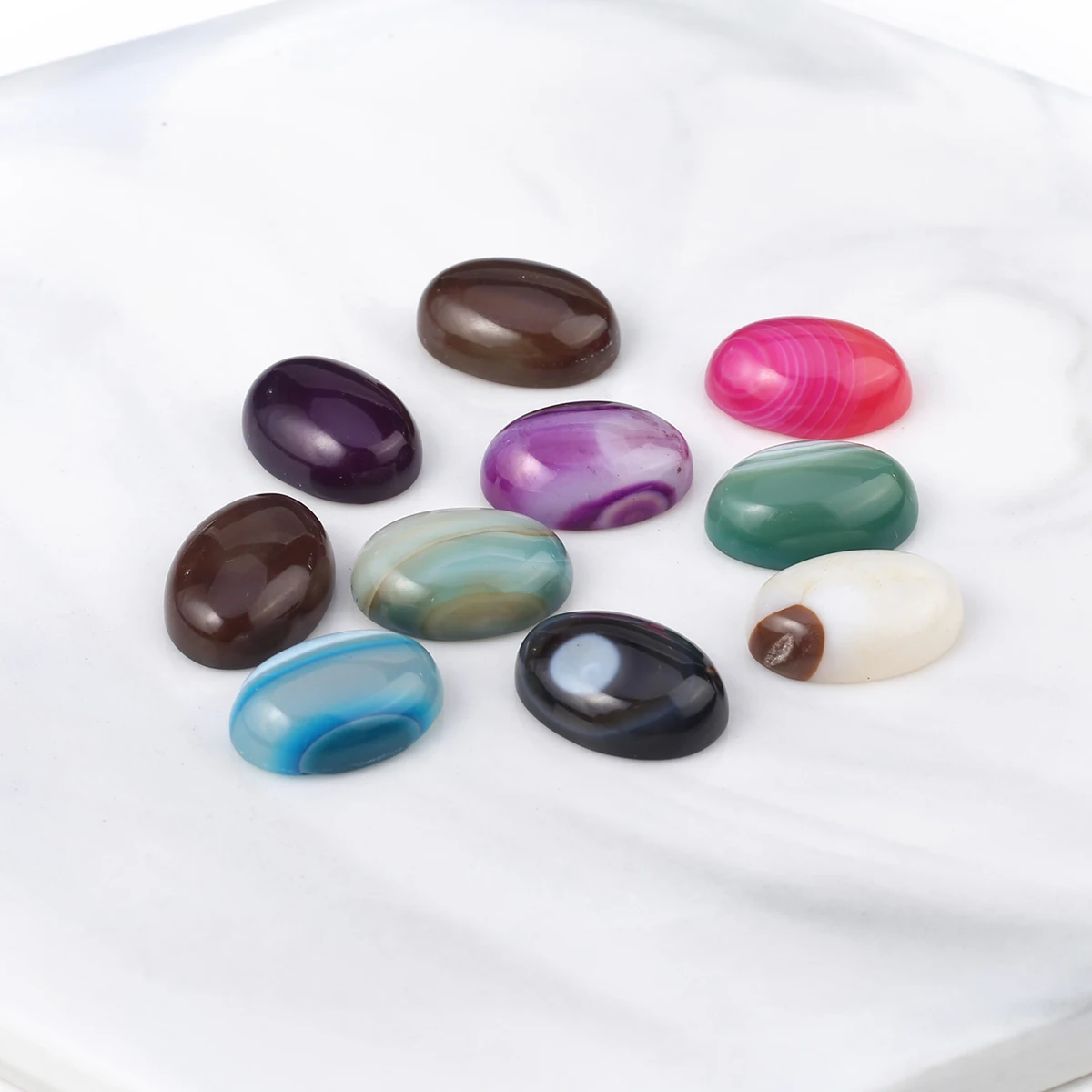 10 PCS Colorful Colors Natural Stone Striped Agate Oval Cabochon Interface for Making Necklace Ring Jewelry Accessories Gift