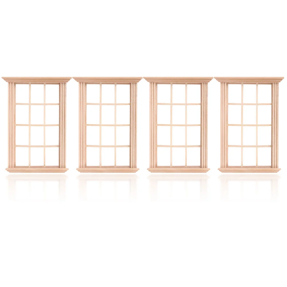 4 Pcs Dollhouse Window Mini Accessory Perfect Bedroom Furniture Toddler Toys Model Frame Decor Wooden Ornament
