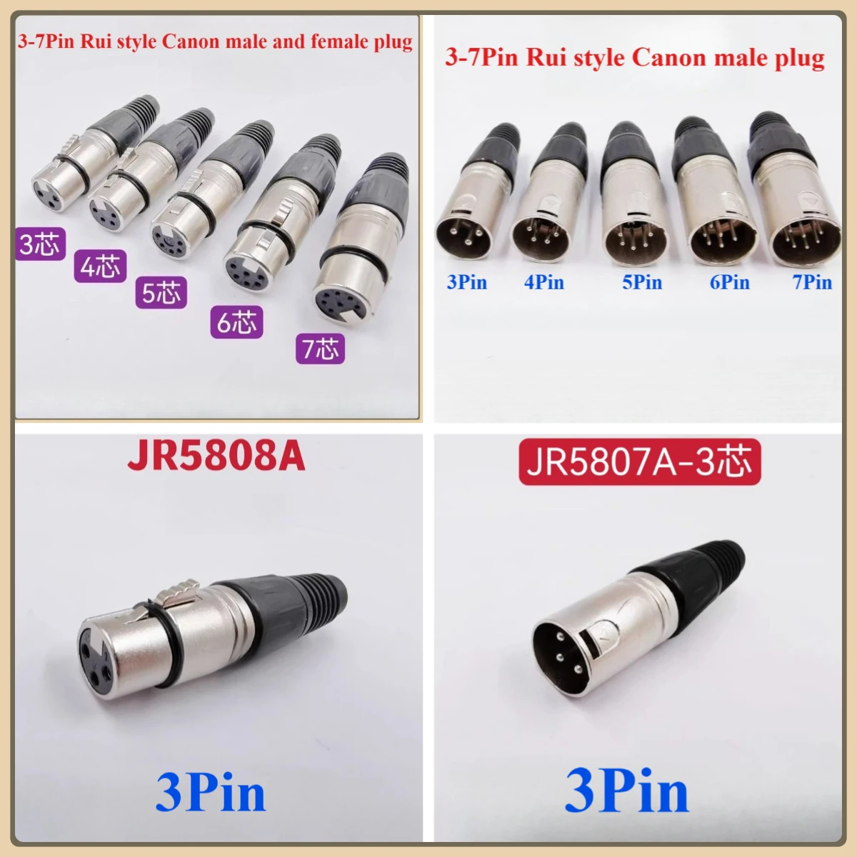 

2Pcs/lot 3/4/5/6/7Pin Female/Male Straight Microphone Audio XLR Speaker Panel mount socket Connector