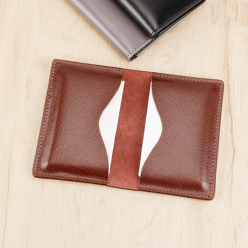 Men's Genuine Leather Card Holder Thin Card Case Mini Credit Card Holders Retro Folder Slim Soft Wallet Unisex Small Purse Gray