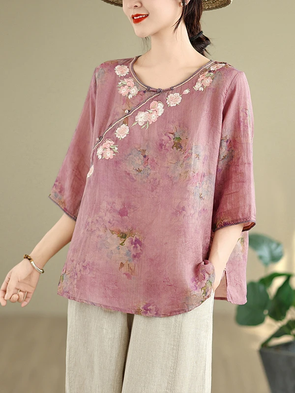 

Этнический Sle Ретро Вышитый Принт Overhead irt Большие Размеры Женский Mid Sve V-ne Чайный Сервиз Топ Летний Повседневный Хлопок