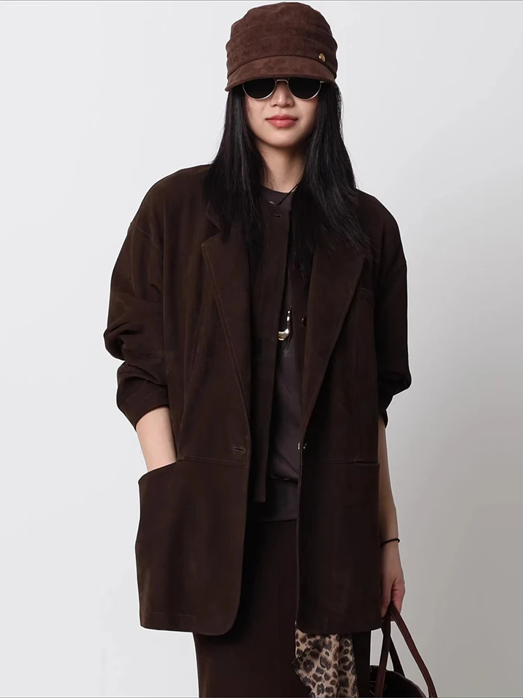 

Casual Genuine Leather Blazer Jackets for Women Spring Autumn High-end Simple Vintage Loose Solid Real Goatskin Suede Coat