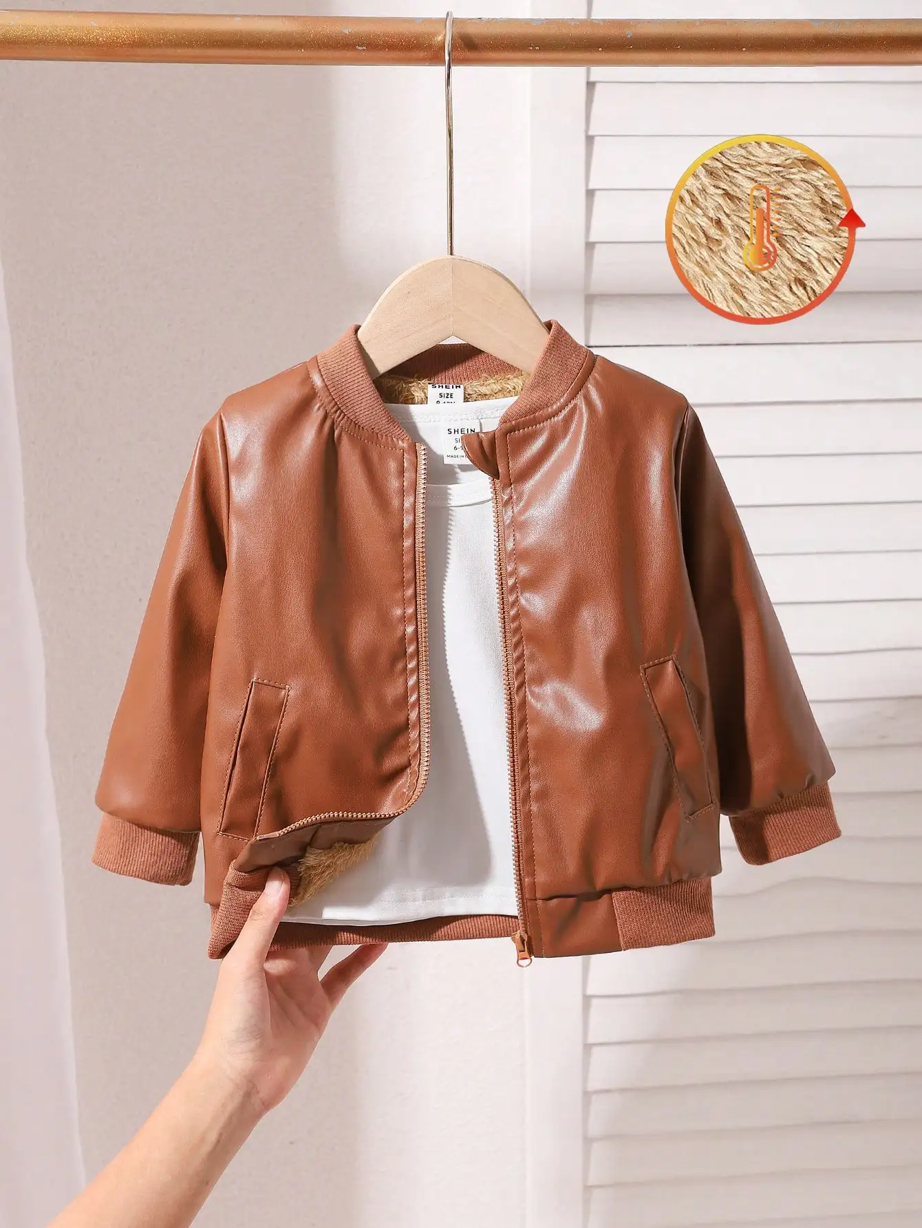 

Autumn And Winter Baby Boy Street Style Leather Jacket Fashionable Coffee Brown Warm Soft And Fleece Coat