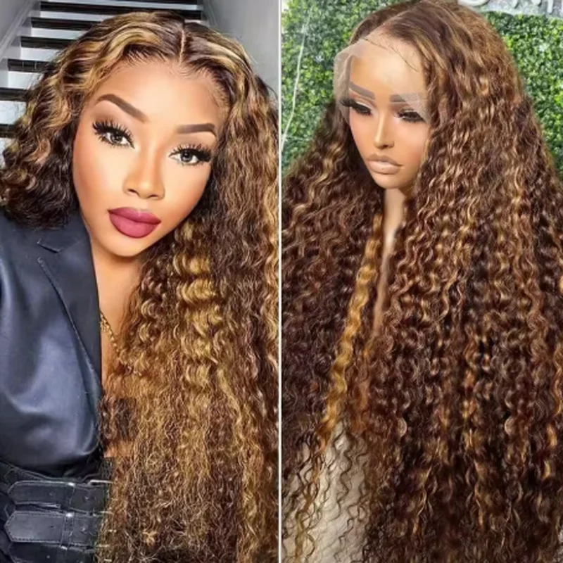 

Парик из натуральных человеческих волос, 427 цвет, медово-коричневый, кудрявый, с прозрачной HD-сеткой 13x4, омбре, глубокая волна, полный парик