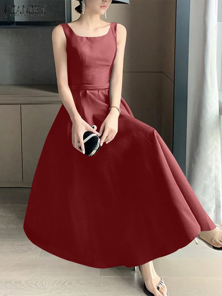 2025 ZANZEA Elegant Long Dress Women Summer Sundress Fashion Sleeveless Satin Silk Tank Vestido Back Bow Sexy Party Evening Robe