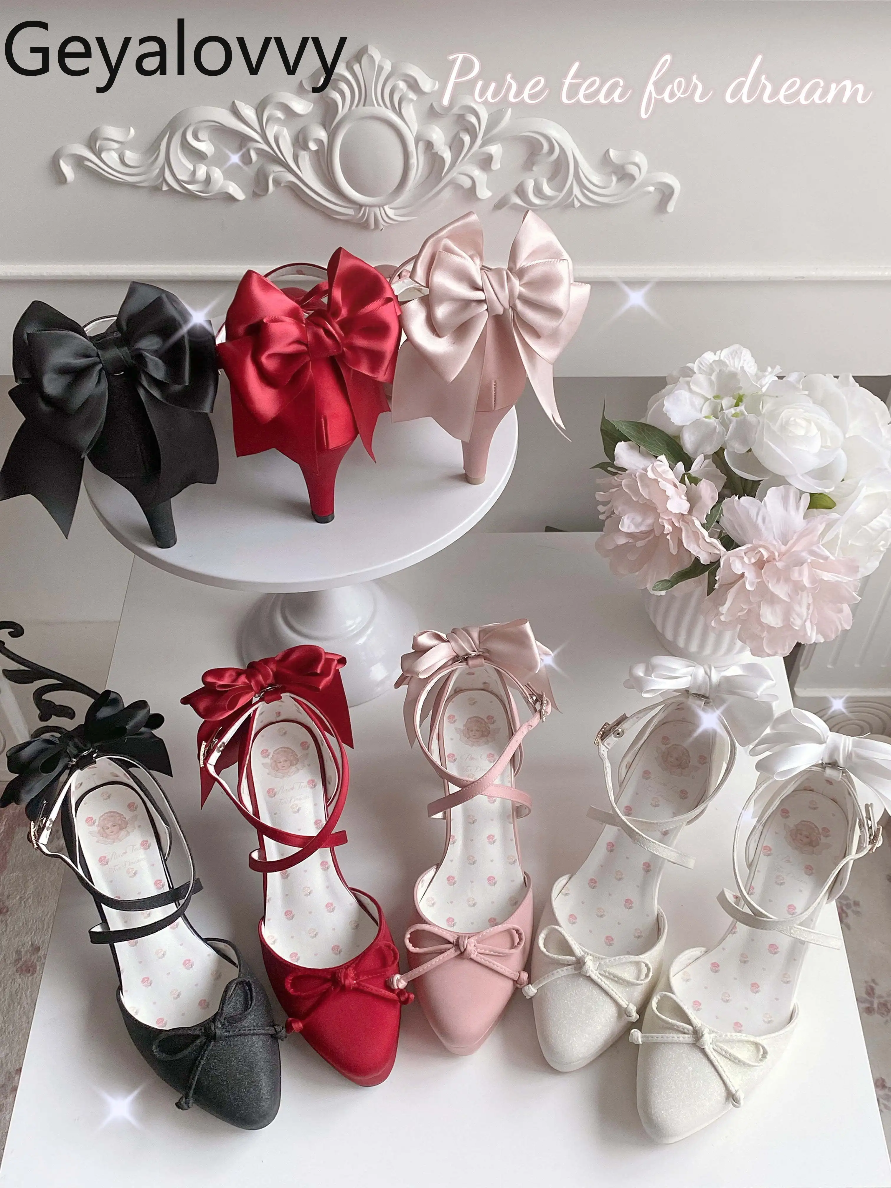 

Водонепроницаемые настольные туфли на высоком каблуке с острым носком и бантом, элегантная универсальная женская обувь в стиле Лолиты, новинка 2023 года, весенне-осенняя обувь