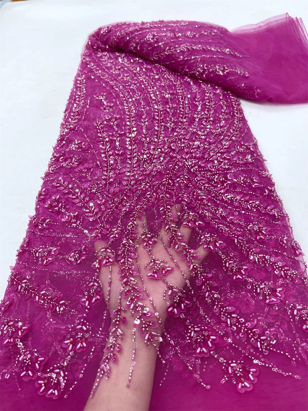 Nigerian Sequins Sewing Material for Women Fluffy Embroidery French Lace Fabric for Wedding, High Quality 5 Yards   JY300