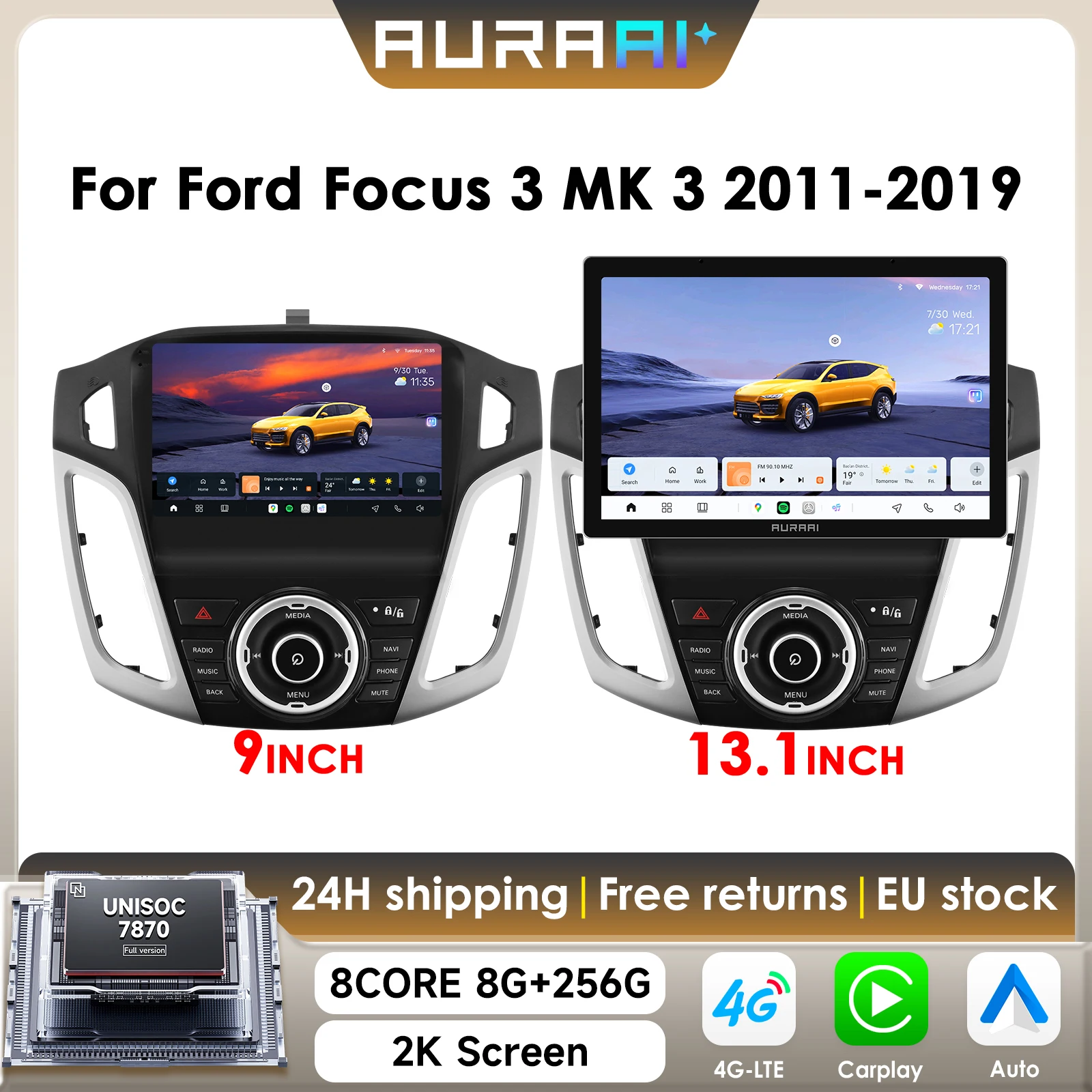 AURAAI X100 Android13 Intelligente Auto Radio Für Ford Focus 3 2011-2019 MK3 Carplay Dual Mic DSD ADAS 360 kamera 2K Bildschirm UIS7870