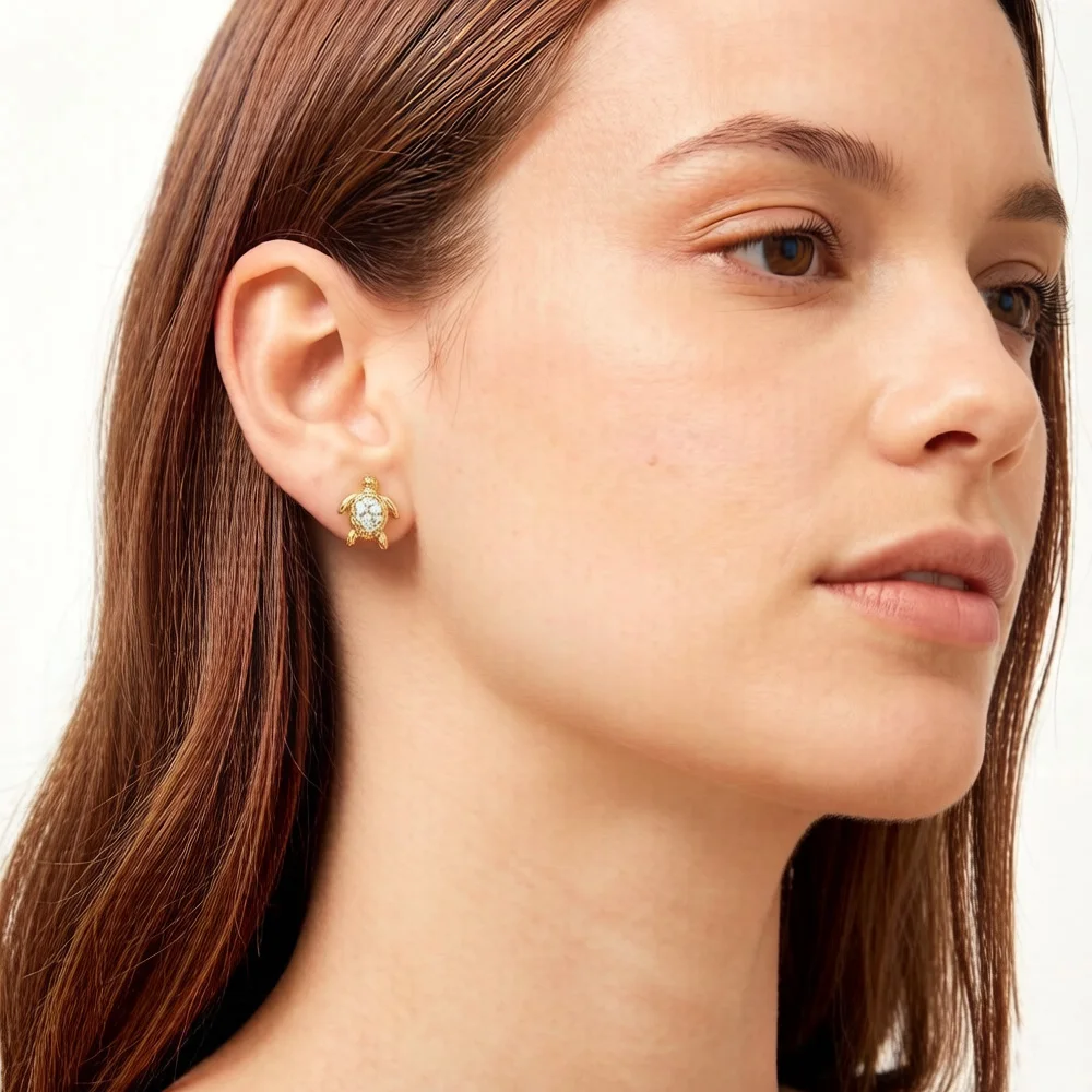 Ear Stud Golden Turtle  Fine Jewerly For Women Trendy Summer Gift In 925 Sterling Silver
