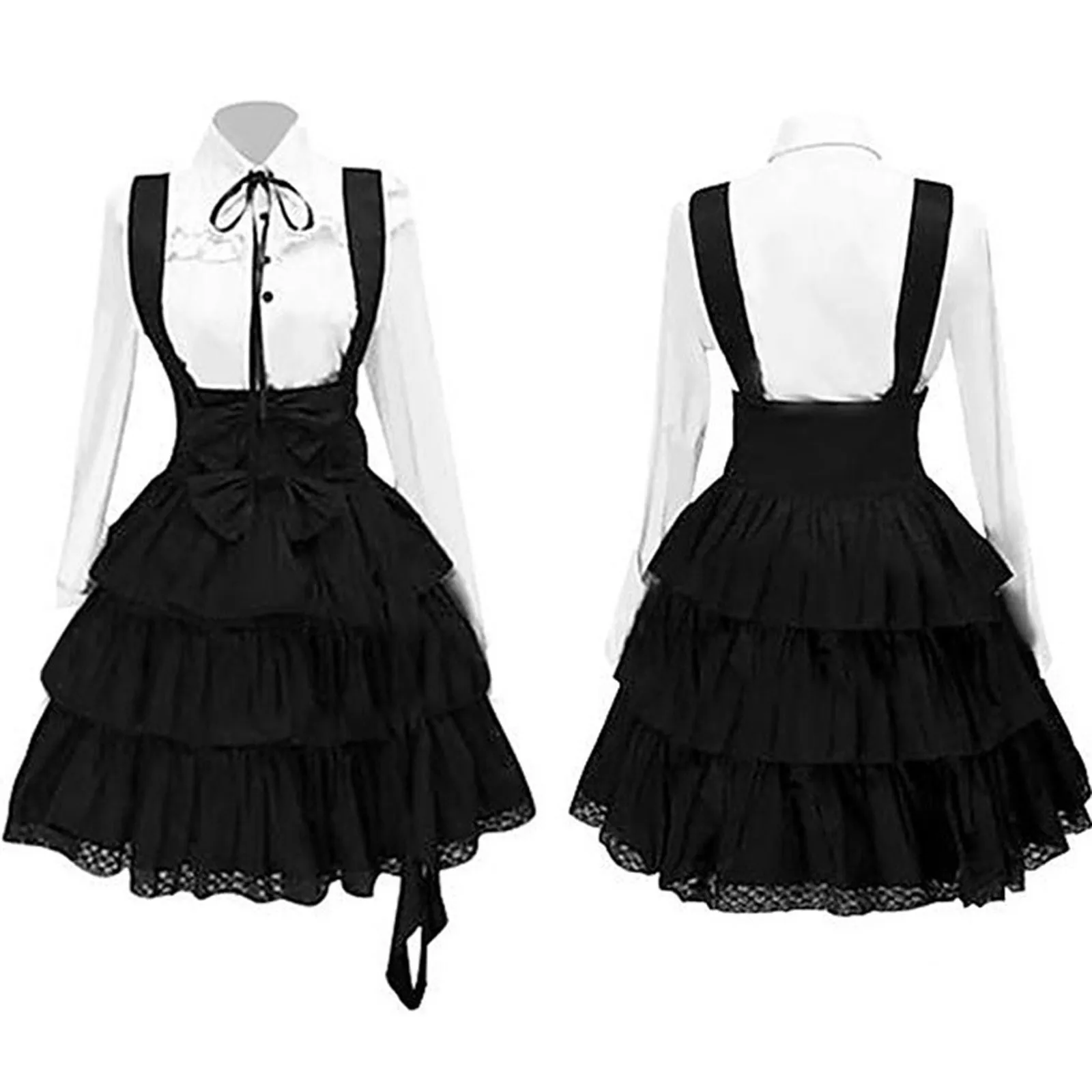 Black Lolita Princess Skirt Suit Costume 2PC Costume 1PC Dress+1PC Bow Tie Pure Color Medium Skirt