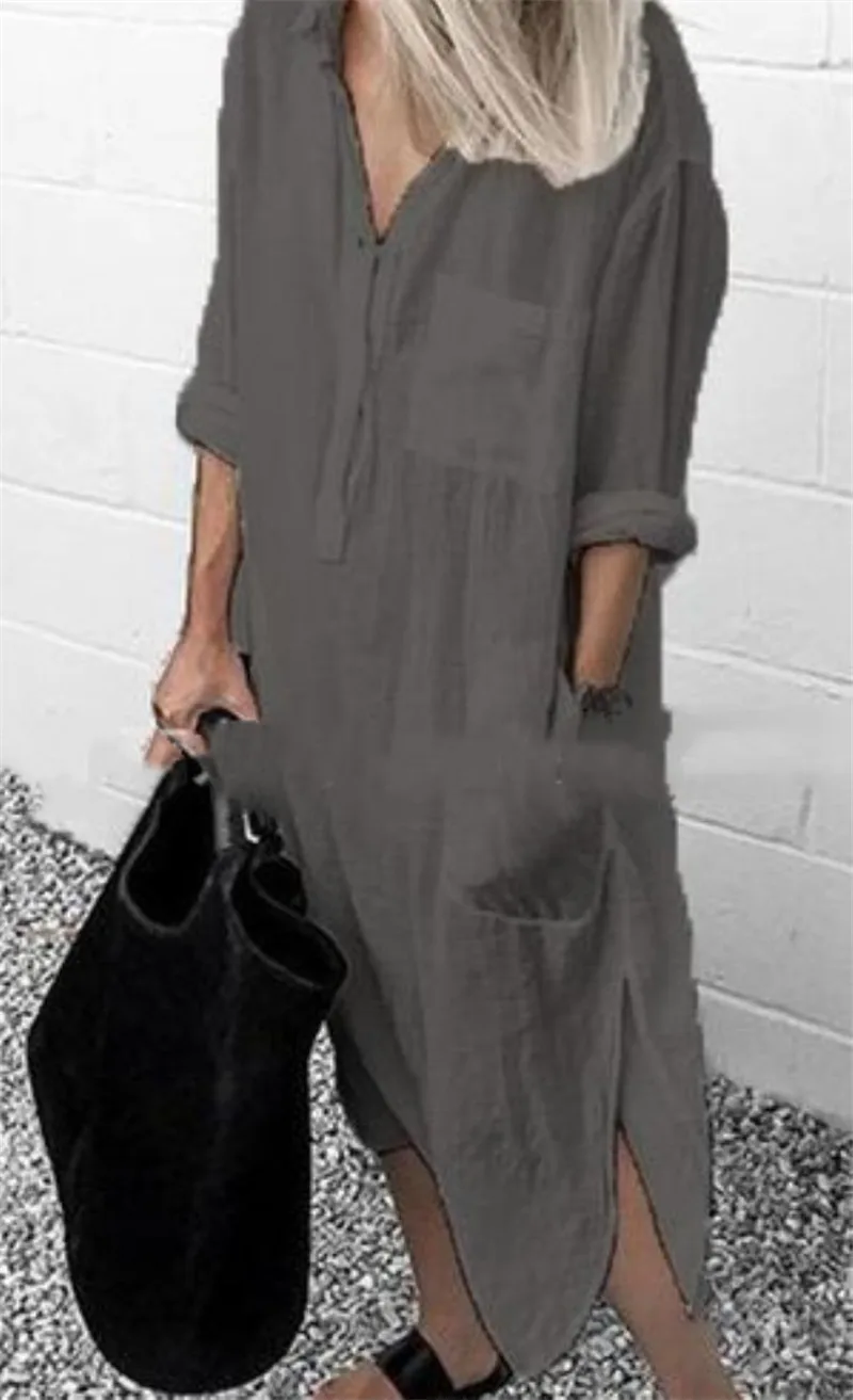 Plus Size Summer Women\'s Solid Shirts Dress Elegant Casual Split Button Pocket V-Neck Long Sleeve Lined Long Dress Vestido Robe