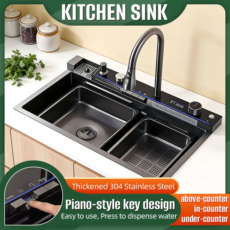 

Кухонная мойка с интеллектуальным цифровым дисплеем в виде клавиш пианино, из нержавеющей стали 304, с тиснением под дерево, слив-водопад, большая одинарная чаша, двойной желоб