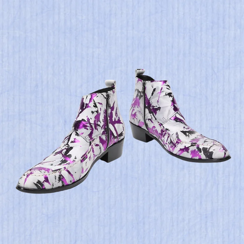 Luxury Handmade Men's Boots Print Leather Ankle Boots pointed Toe Men Zip Rock Party and Wedding Botas Stage Shoe