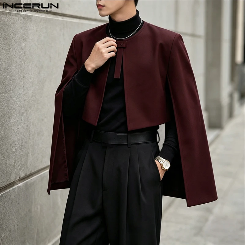 INCERUN Men Jackets Solid Color One Button Split Sleeveless Fashion Irregular Ponchos Cloak For Man Streetwear Casual Male Coats