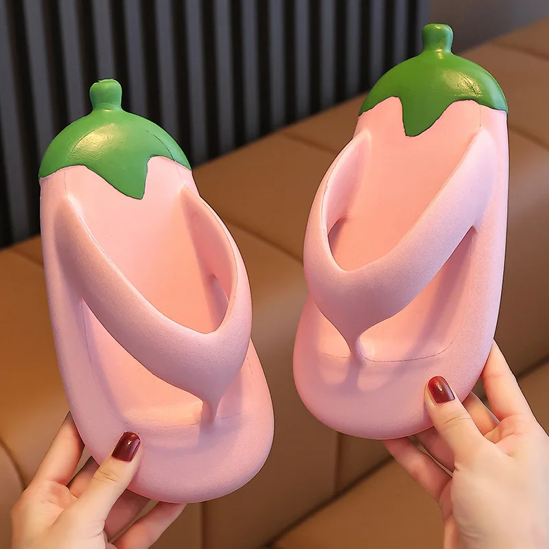 2026 Summer Eggplant Flip Flops Women Men Kids Cute Novelty Thick Sole Non Slip Soft Cushion Beach Sandals Casual Couple Slides