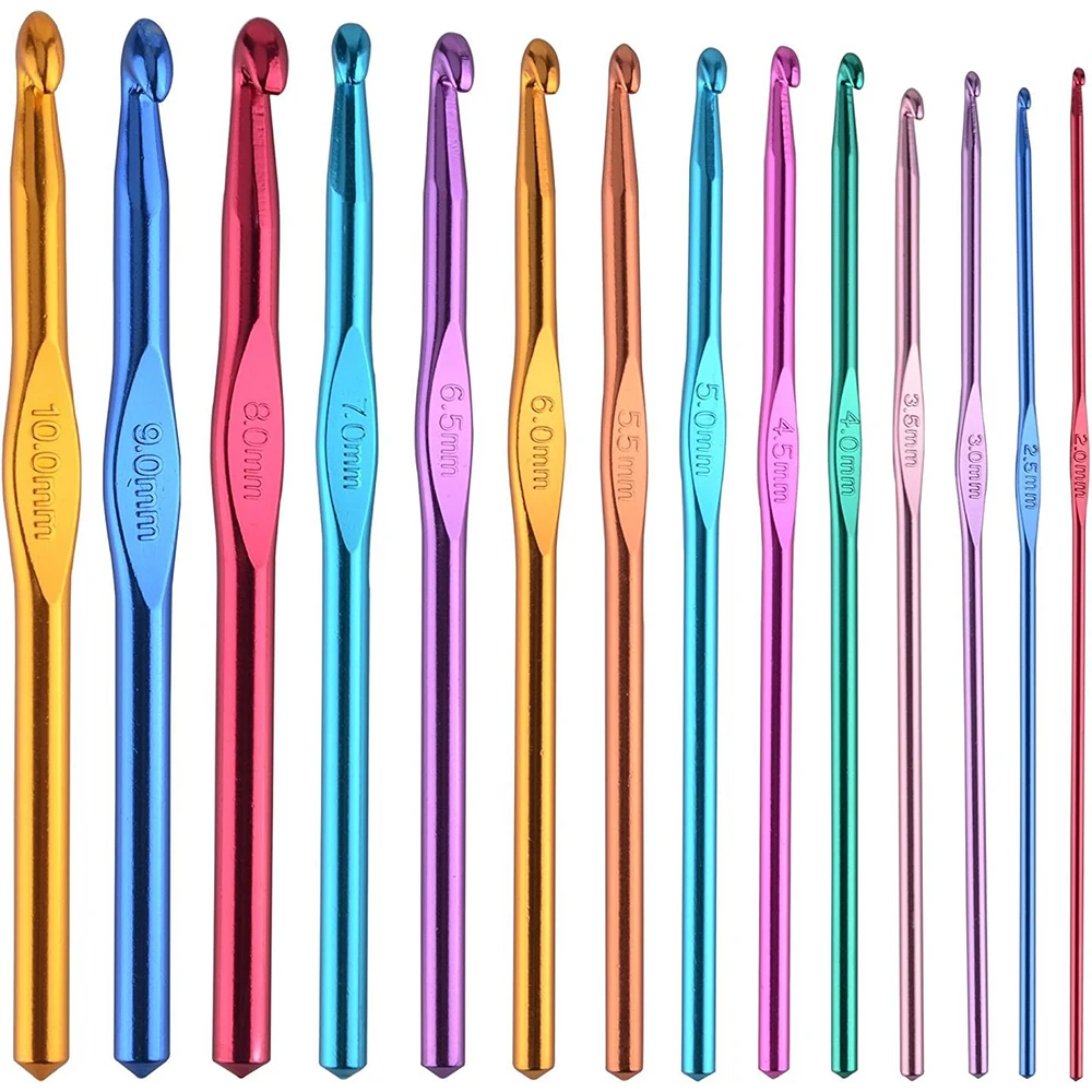 14 pcs Multicolor Aluminum Crochet Hooks Knitting Needles Craft Yarn 2-10mm Aluminum Ergonomic Handle Crochet