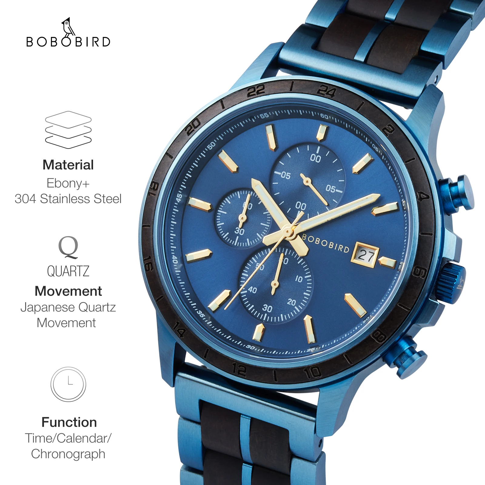 BOBO BIRD Men's Wooden Watch Classic Blue Military Chronograph New Top Quartz Wristwatch Japanese Movement Great Gift Box Custom