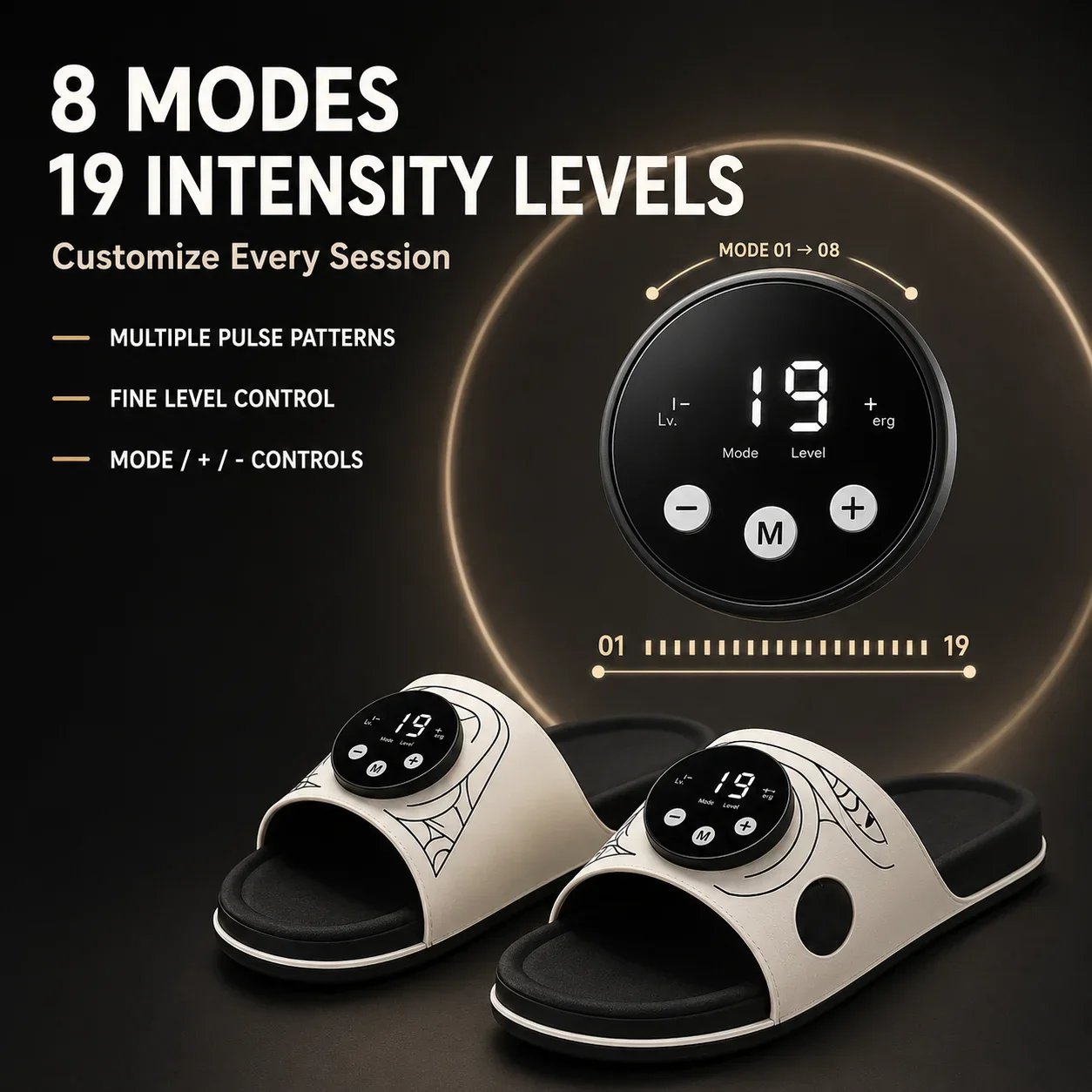 EMS Foot Massage Slippers 8 Modes 19 Levels Type-C Rechargeable Digital Controller Adjustable Open Toe Anti-Slip Foot Massager