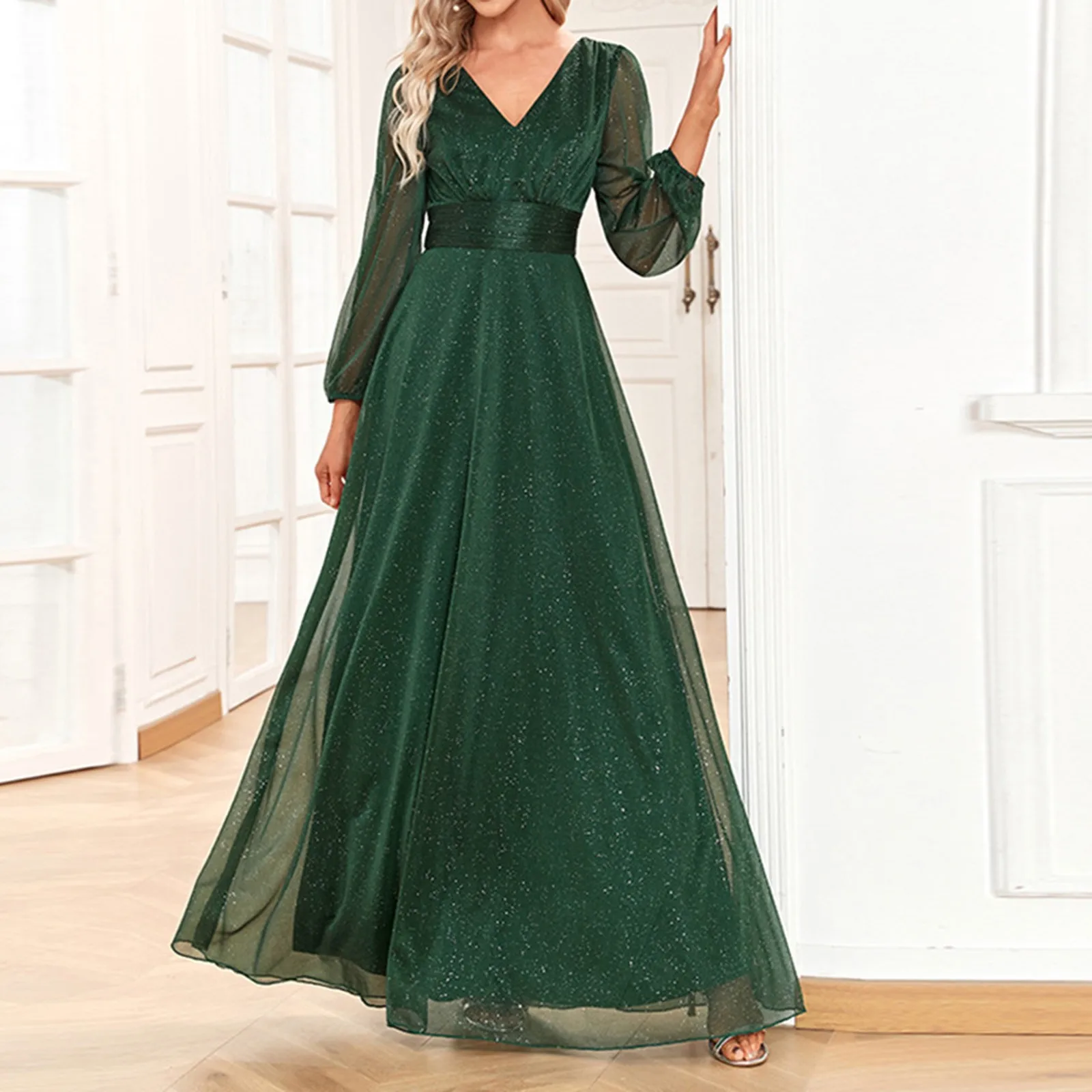 

2024 New Women's Fashion V-neck Sparkling Chiffon A-line Long sleeved Evening Dress Elegant Ball Party Dress High Daily Dress