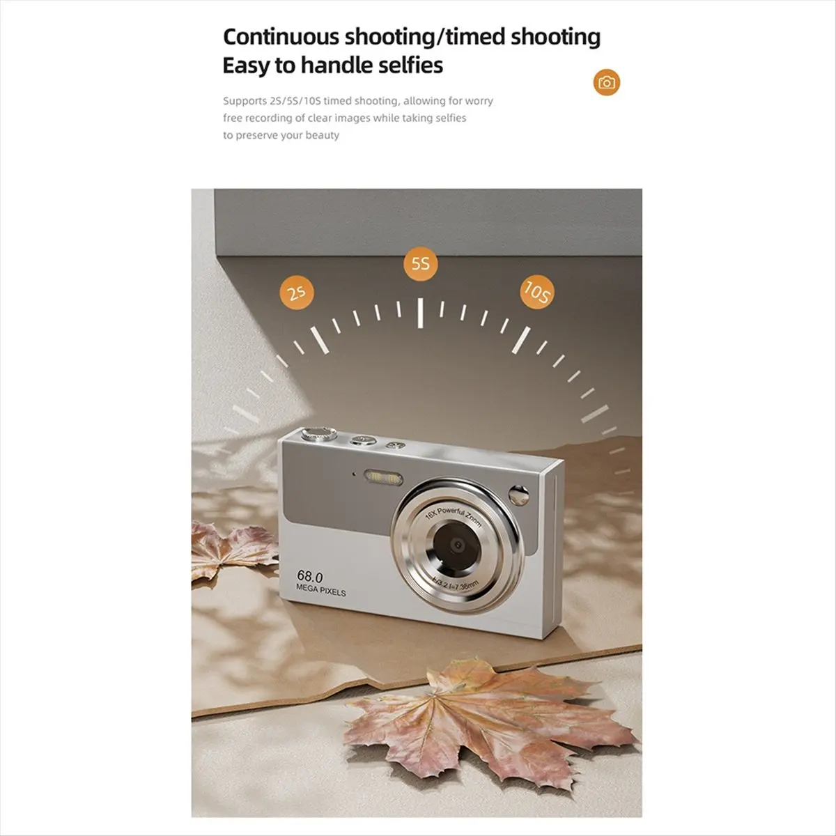 CANING- 4K Digital Camera WiFi Compact Camcorder 6800W Pixels 16x Zoom Dual Lens Selfie Cam 1080P Autofocus Photography White