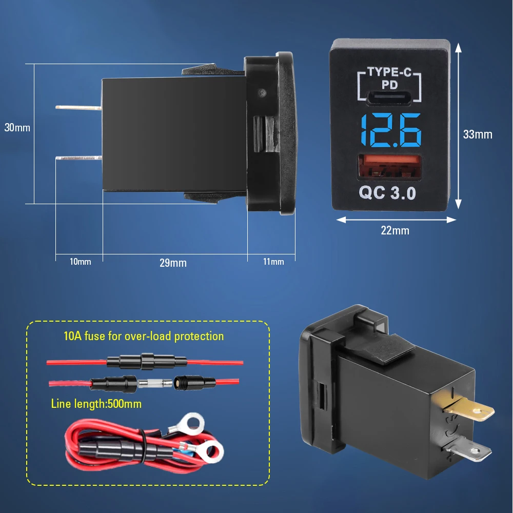 12V-24V Car Charger Socket Adapter Dual USB Ports Fast Charger Socket with Voltage Display for Toyota Auto Accessories 40X22mm