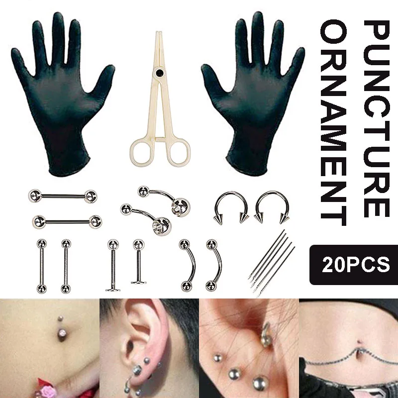 20pcs Body Piercing Tool Kit Ear Nose Jewelry Navel Needles Set