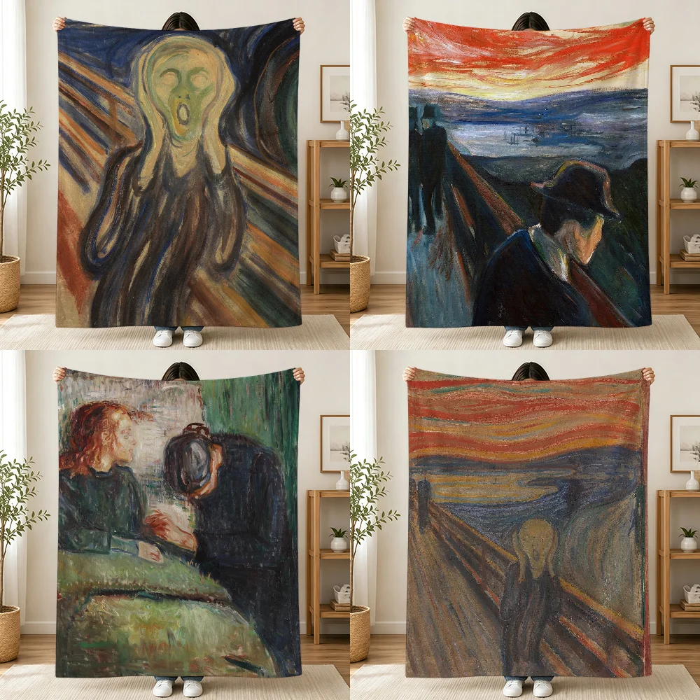 Art Edvard Munch Anxiety Blanket Printed Flannel Soft Warm Cozy Season Nap Bed Sofa Travel Camping Gift Adults Kids