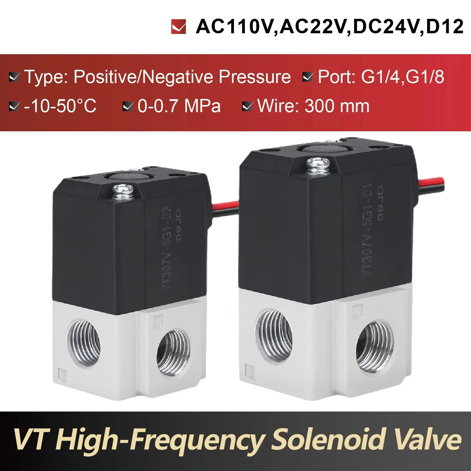 VT307 High Frequency Solenoid Valve 3 Way 2 Position Pneumatic Mini Direct Acting Vacuum Air 12V 24V 110V 220V