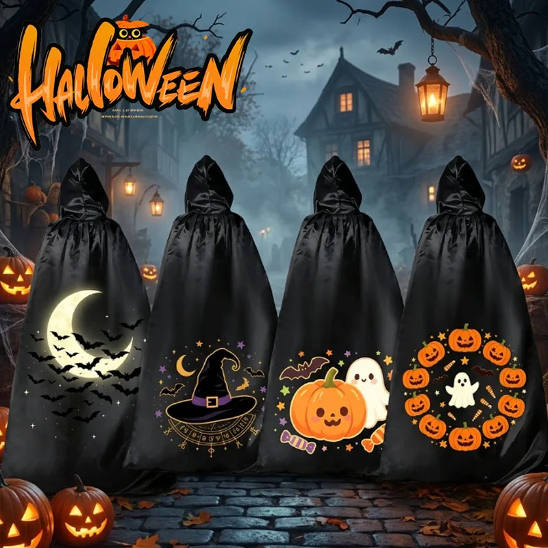1-4PCS 90cm Halloween Cloak Black Medieval Witch Cape Wizard Robe Costume for Adults Kids Cosplay Party Dress Up Decoration