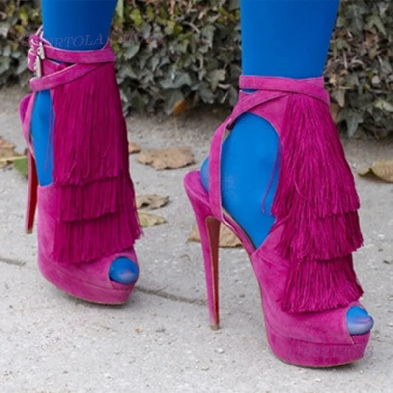 

Длинные тканевые босоножки с кисточками, фиолетово-красные, с открытым носком, на платформе, на высоком каблуке, из черной замши, с красными резиновыми ремешками, на шпильке, синие, повседневные туфли под платье