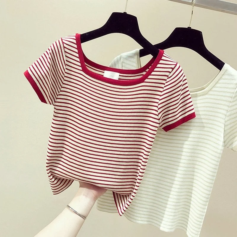 Women's Striped Knitted T-Shirt, Slim, Square Collar, Short-Sleeved, Female Pulls Tops, Summer Tees, New